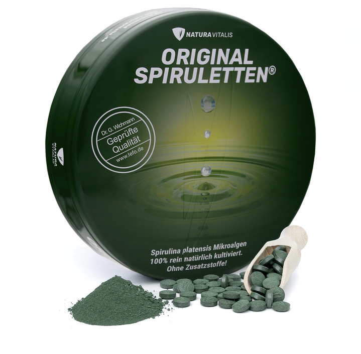 Nahrungsergänzung - Spirulina Presslinge in Spirulettendose, in Farbe