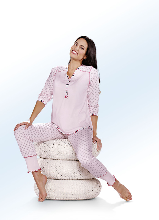Damenwäsche - Schlafanzug mit aufwenigen Details, in Größe 032 bis 050, in Farbe ROSA-MARINE