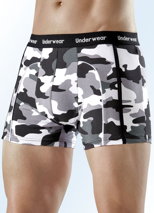 Herrenwäsche - Dreierpack Pants mit Camouflage-Dessin, in Größe 004 bis 010, in Farbe SCHWARZ-GRAU-OLIV-WEISS