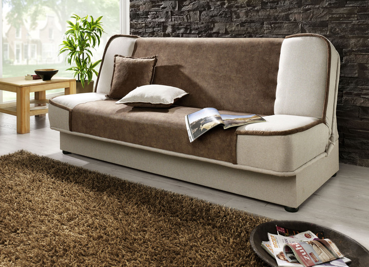 Schlafsofas - Schlafsofa mit Bettkasten und Dekokissen, in Farbe BRAUN-BEIGE