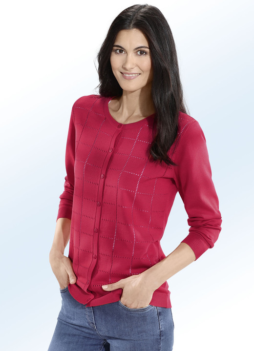 Pullover & Strickmode - Strickjacke mit Karo-Ajourmuster, in Größe 038 bis 052, in Farbe ROT Ansicht 1