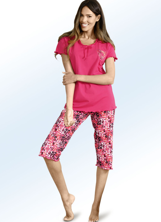Damenwäsche - Schlafanzug mit Satinband und kurzen Ärmeln, in Größe 036 bis 054, in Farbe PINK-BUNT